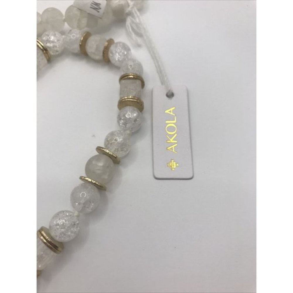 AKOLA Crackle Gold Plated Disc Frosted Knotted NWT 38" Long Necklace Beads white - Picture 2 of 11